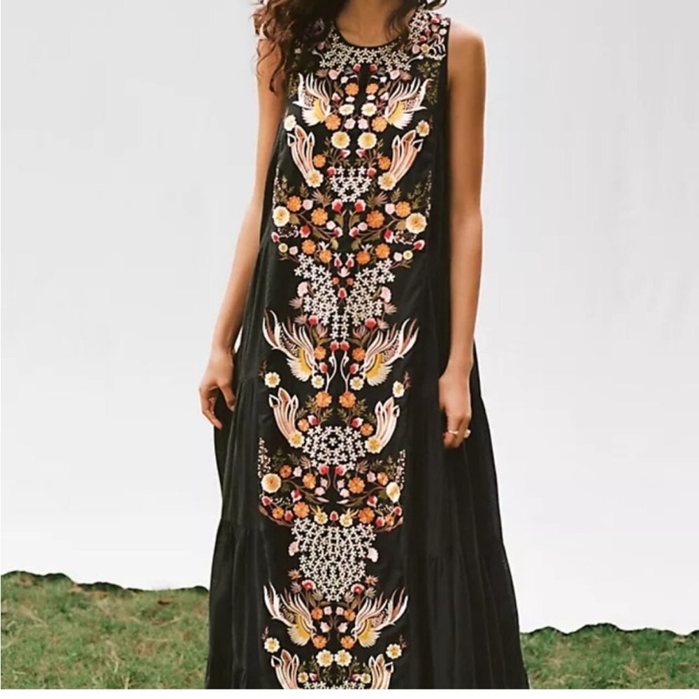 NWT Anthropologie Jacaranda Samant Chauhan Embroidered Black Maxi Dress Plus 20
